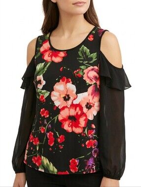 Laura sz L Cold-Shoulder Floral Blouse - Black with Red Floral Long Sleeves